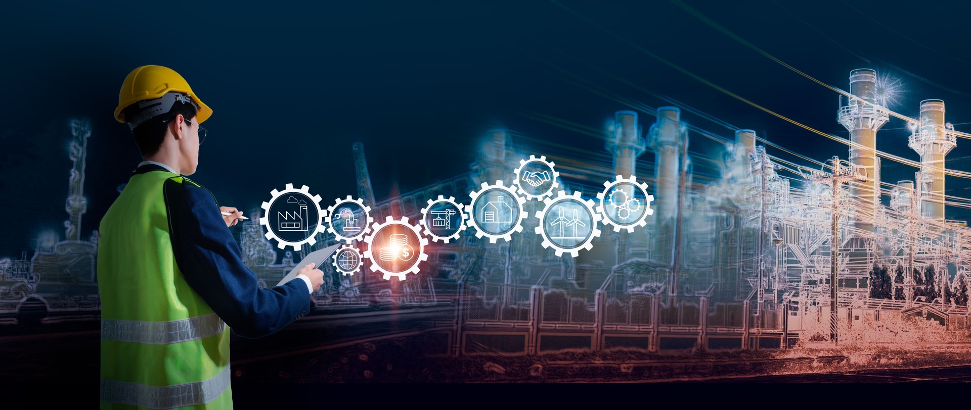 Smart industrial engineer working with futuristic technology interface, industry 4.0 concept with automation, digital transformation, supply chain, production and energy icons in factory background